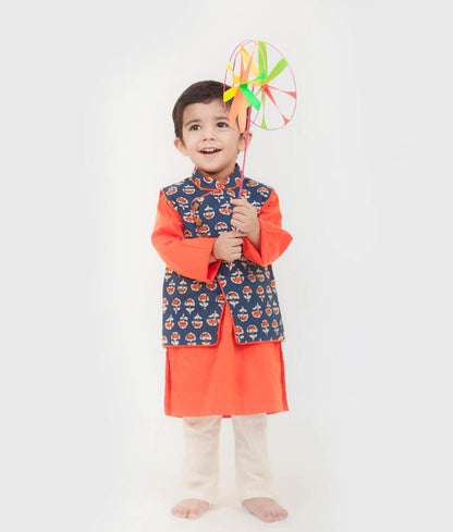Printed Nehru Jacket with Orange Kurta Chudidar for Boys