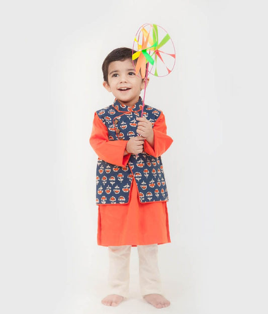 Printed Nehru Jacket with Orange Kurta Chudidar for Boys