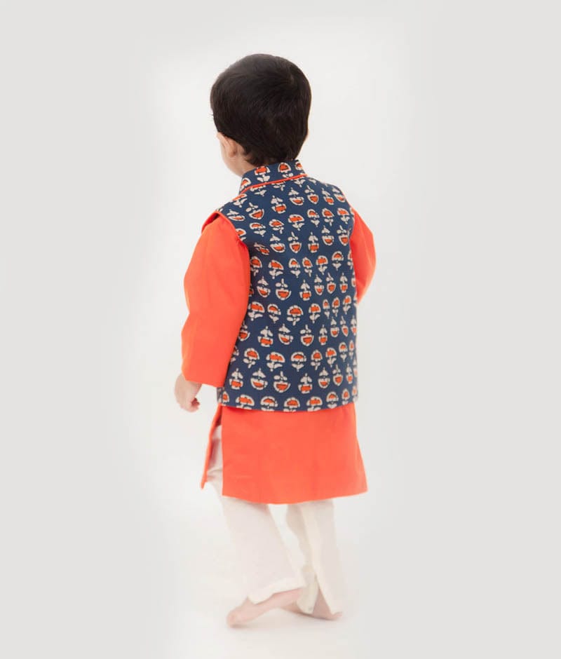 Fayon Kids Printed Nehru Jacket with Orange Kurta Chudidar for Boys