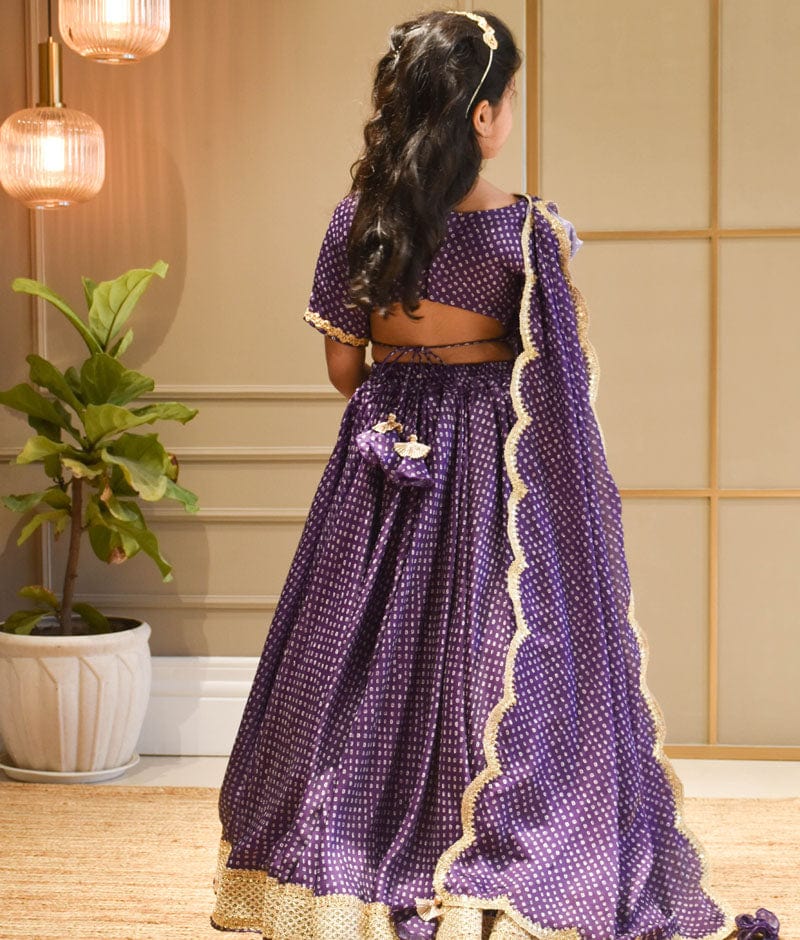 Fayon Kids Purple Bandhej Lehenga Choli and Dupatta for Girls