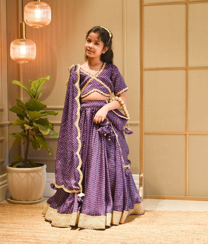 Fayon Kids Purple Bandhej Lehenga Choli and Dupatta for Girls