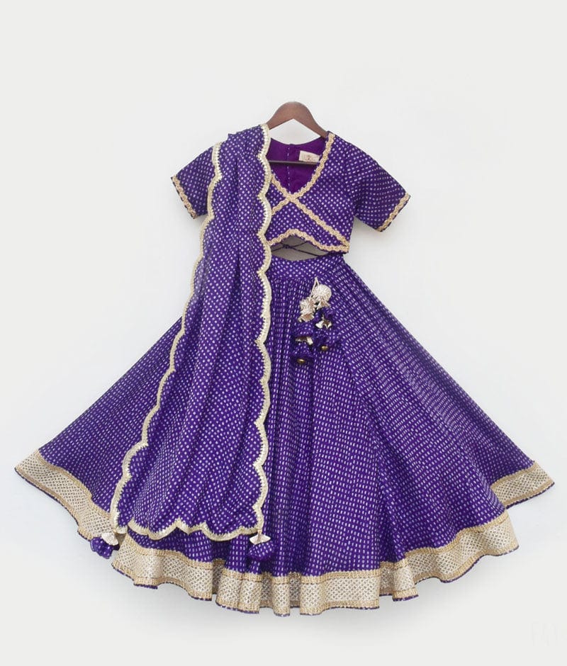 Fayon Kids Purple Bandhej Lehenga Choli and Dupatta for Girls