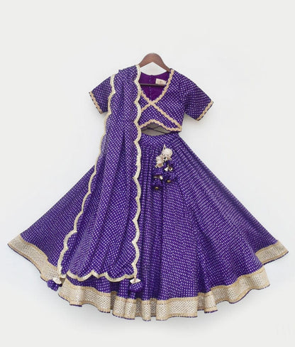 Fayon Kids Purple Bandhej Lehenga Choli and Dupatta for Girls