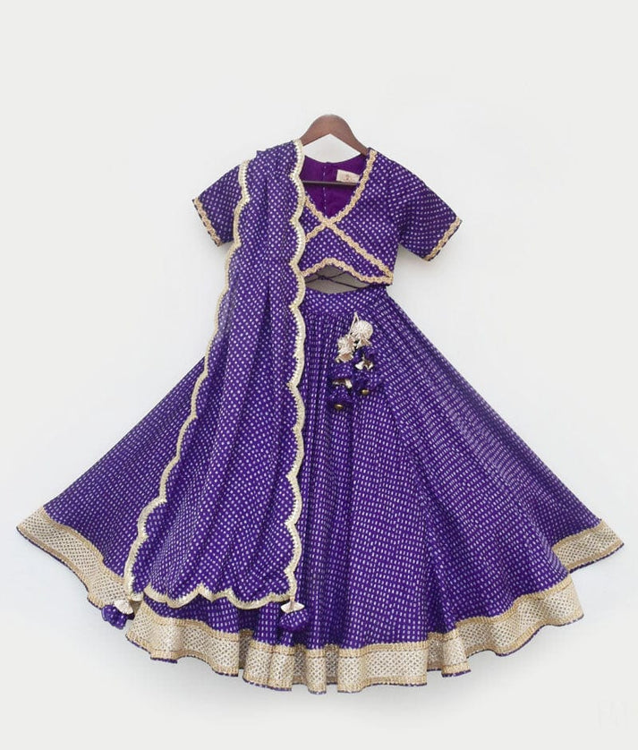 Purple Bandhej Lehenga Choli and Dupatta for Girls