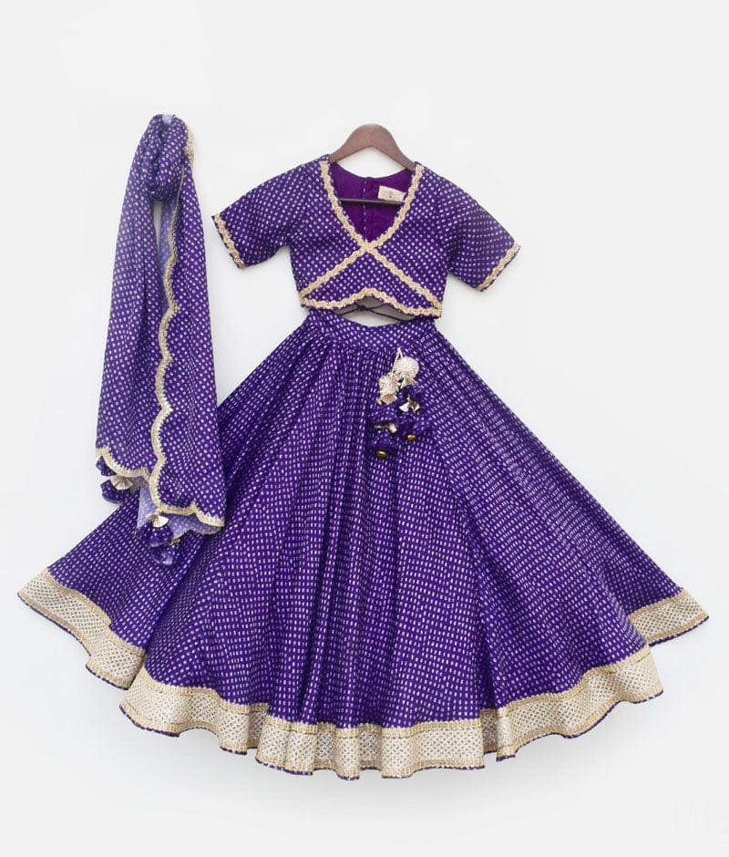 Fayon Kids Purple Bandhej Lehenga Choli and Dupatta for Girls