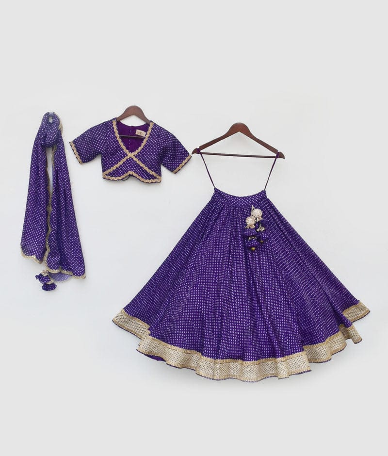 Fayon Kids Purple Bandhej Lehenga Choli and Dupatta for Girls