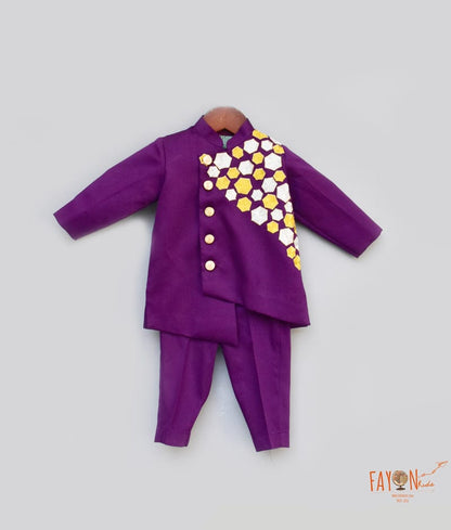 Fayon Kids Purple Embroidery Ajkan with Pant for Boys