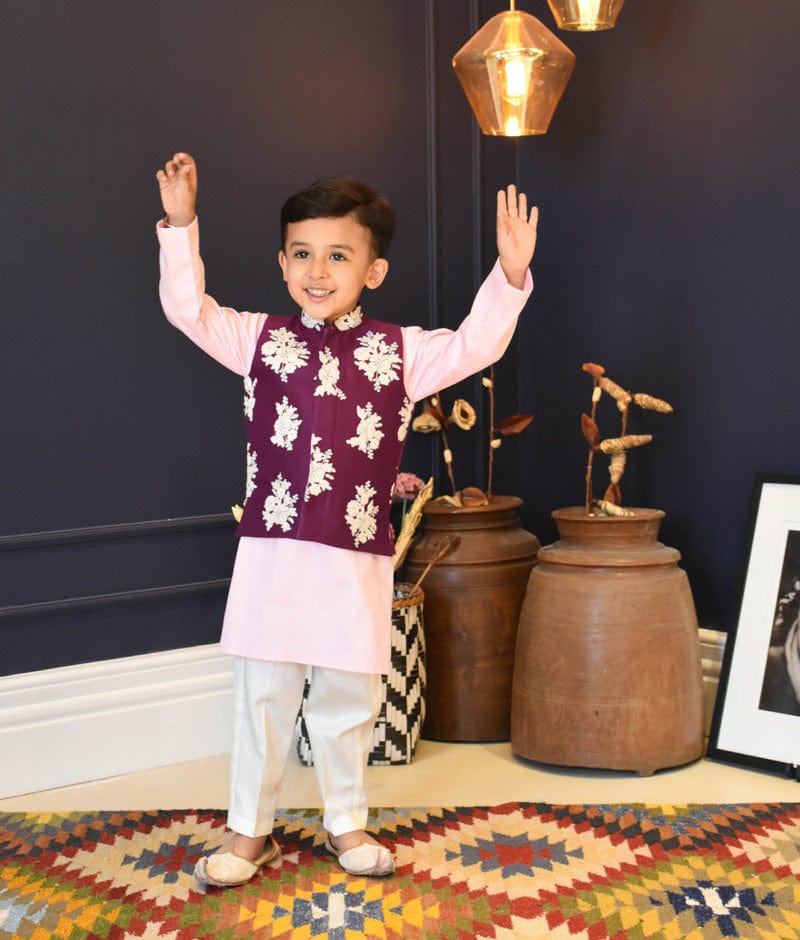 Fayon Kids Purple Embroidery Nehru Jacket set for Boys