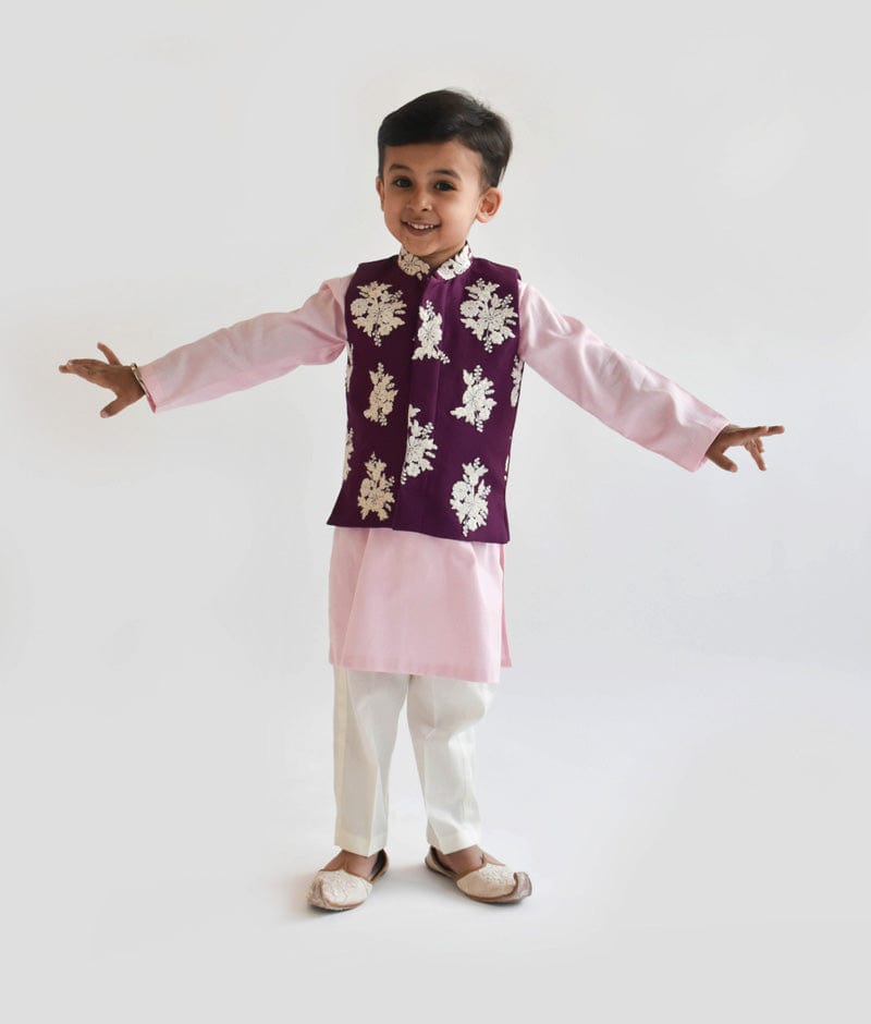 Fayon Kids Purple Embroidery Nehru Jacket set for Boys