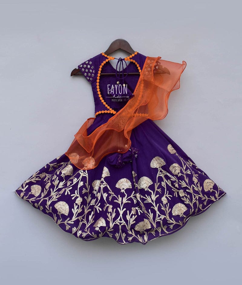 Fayon Kids Purple Embroidery Purple Gota Lehenga with Choli Organza Dupatta for Girls