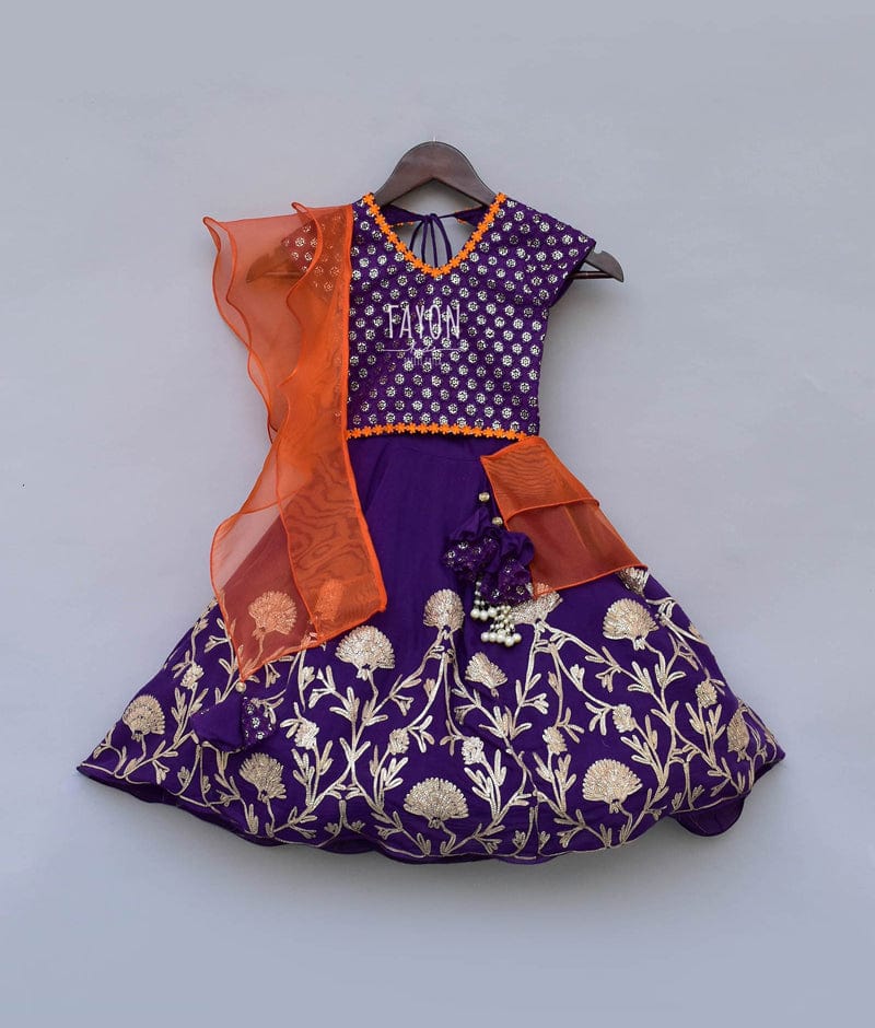 Fayon Kids Purple Embroidery Purple Gota Lehenga with Choli Organza Dupatta for Girls