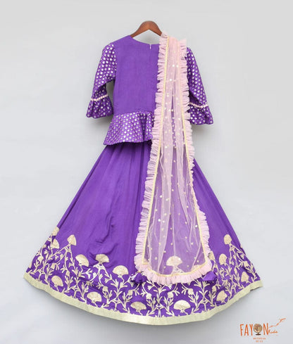 Fayon Kids Purple Embroidery Purple Gota Lehenga with Peplum Choli Boti Net Dupatta for Girls