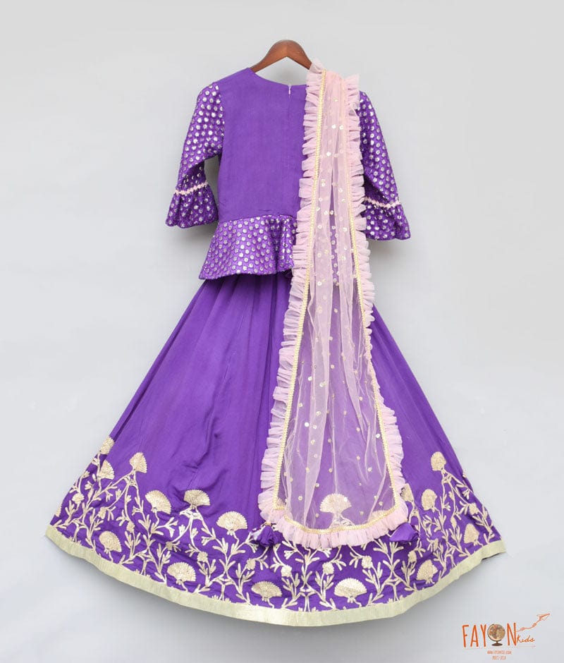 Purple Embroidery Purple Gota Lehenga with Peplum Choli Boti Net Dupatta for Girls