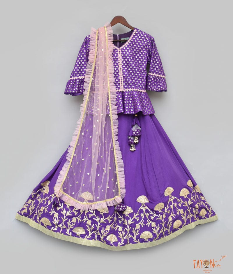 Purple Embroidery Purple Gota Lehenga with Peplum Choli Boti Net Dupatta for Girls