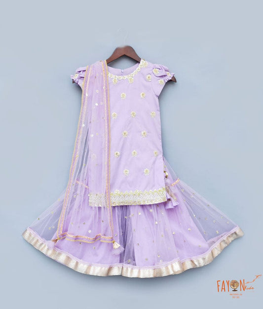 Fayon Kids Purple Embroidery Sharara with Kurti Boti Net Dupatta for Girls