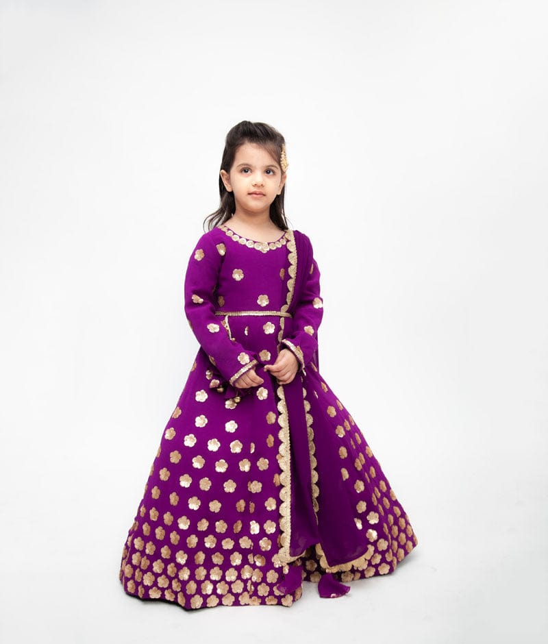 Fayon Kids Purple Georgette Sequins Flowers Embroidery Anarkali with Georgette Dupatta for Girls