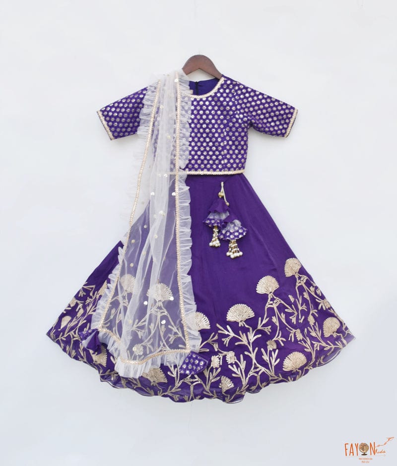 Purple Gota Embroidery Lehenga with Choli Boti Net Dupatta for Girls