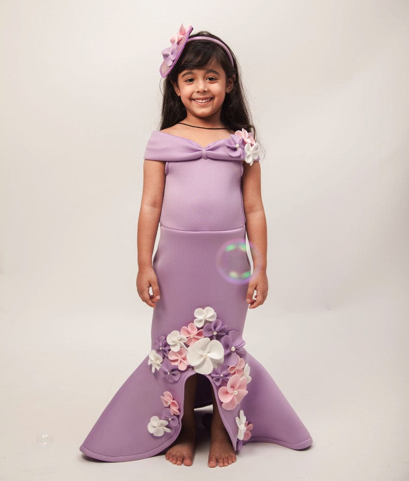 Fayon Kids Purple Lycra Fish Cut Dress with Flowers for Girls