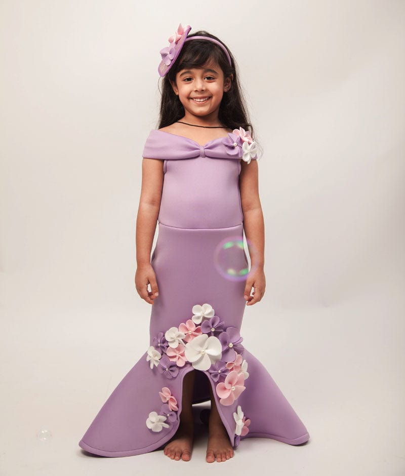 Purple Lycra Fish Cut Dress with Flowers for Girls 10-11 Y / Purple