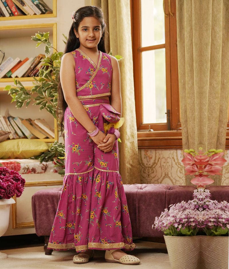Buy Floral Angrakha Style Frock Kurta with Gunghroo and Tussel work   Sharara and Dupatta in Pink by LITTLE BANSI at Ogaan Market Online Shopping  Site