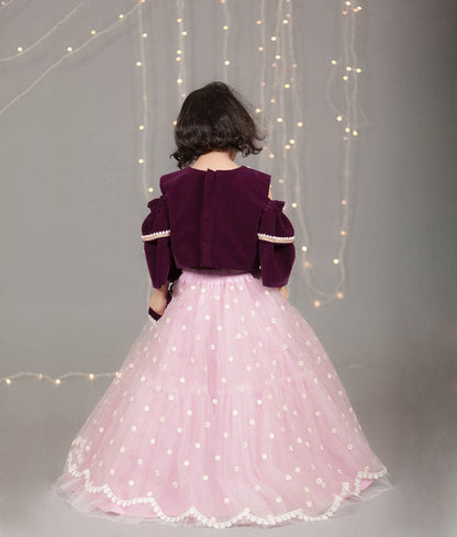 Purple Velvet Light Purple Net Lehenga with Top for Girls