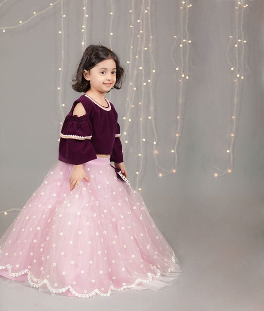 Fayon Kids Purple Velvet Light Purple Net Lehenga with Top for Girls