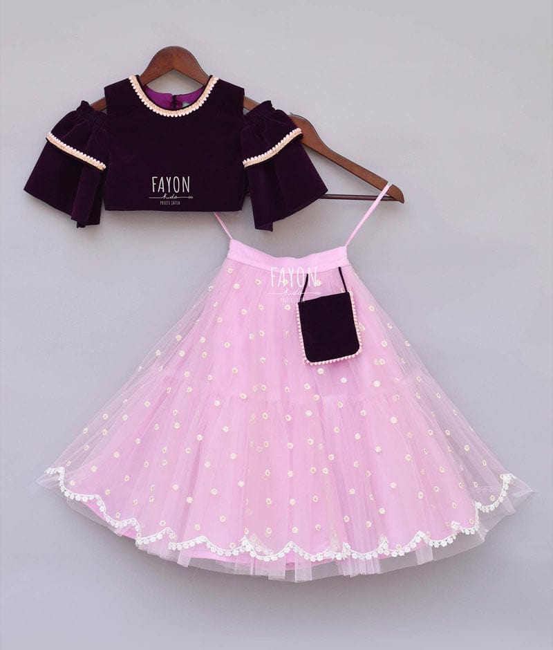 Purple Velvet Light Purple Net Lehenga with Top for Girls