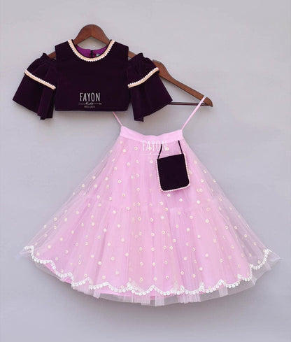 Purple Velvet Light Purple Net Lehenga with Top for Girls