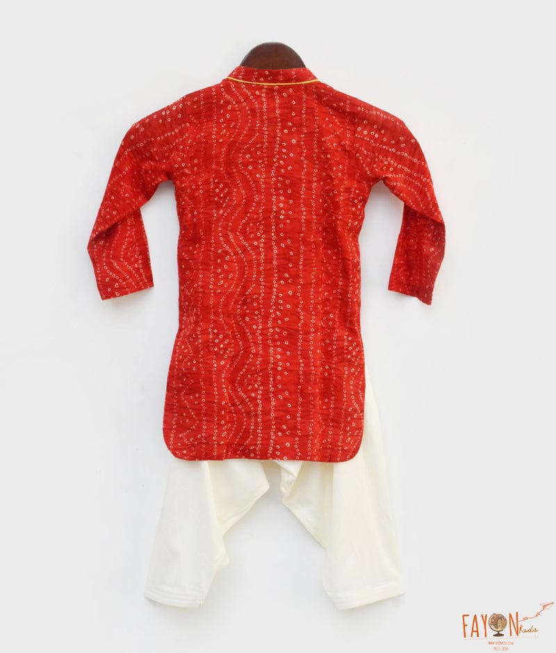 Fayon Kids Red Bandhej Kurta Off white Salwar for Boys