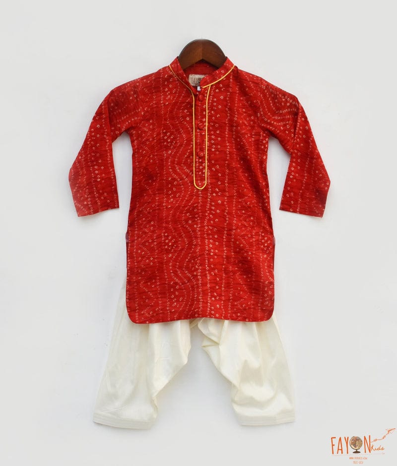 Fayon Kids Red Bandhej Kurta Off white Salwar for Boys