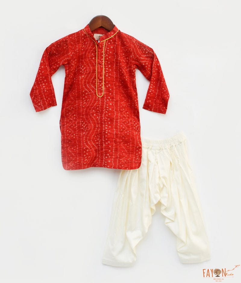 Fayon Kids Red Bandhej Kurta Off white Salwar for Boys