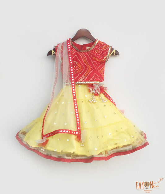 Red Bandhej Yellow Boti Net Lehenga with Choli Boti Net Dupatta for Girls