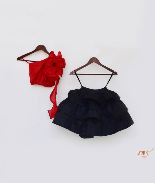 Fayon Kids Red Black Silk Drape Crop Top with Skirt attached Frill for Girls