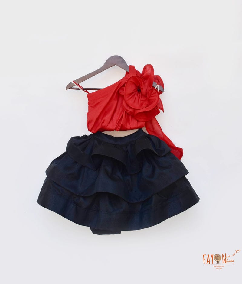 Fayon Kids Red Black Silk Drape Crop Top with Skirt attached Frill for Girls