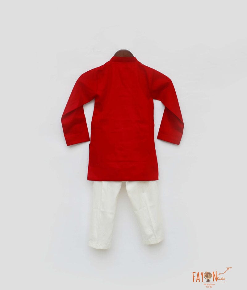 Fayon Kids Red Cotton Silk Golden Embroidery Kurta with Off White Pant for Boys
