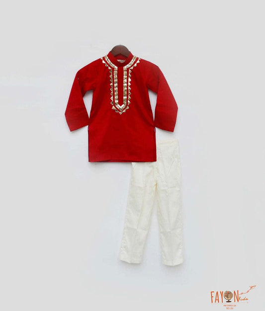 Fayon Kids Red Cotton Silk Golden Embroidery Kurta with Off White Pant for Boys