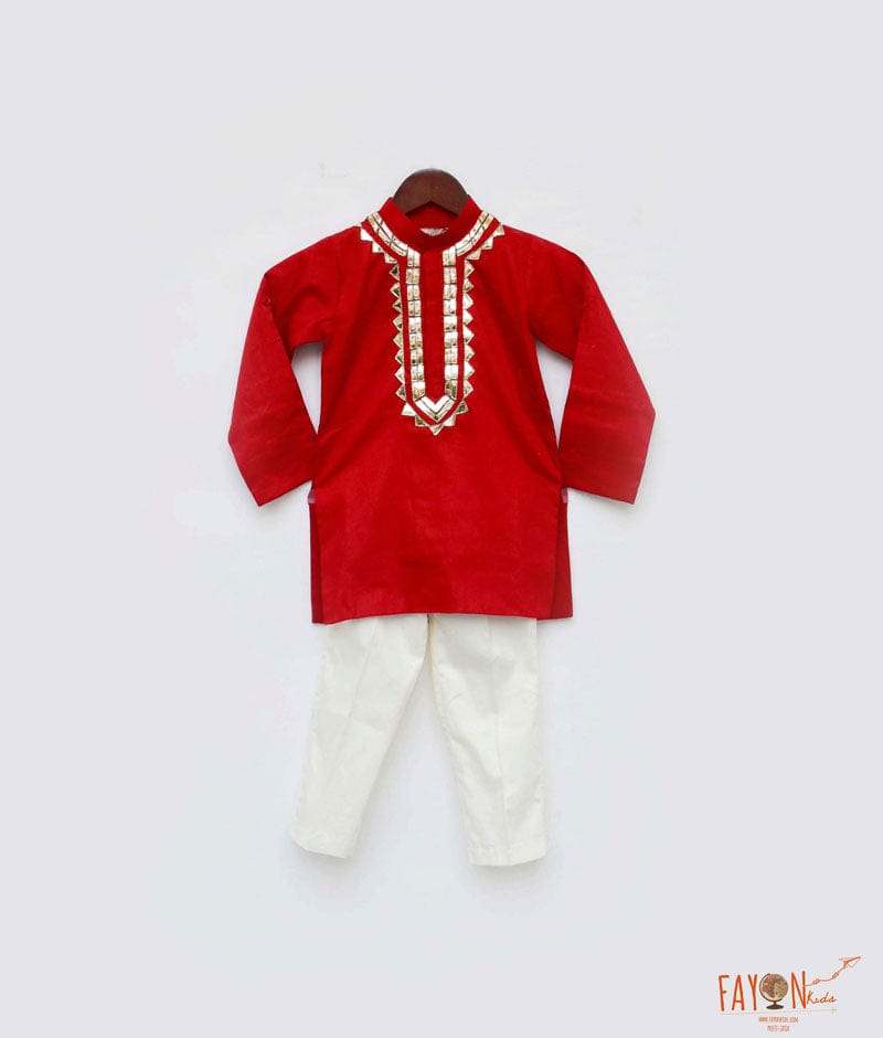 Fayon Kids Red Cotton Silk Golden Embroidery Kurta with Off White Pant for Boys