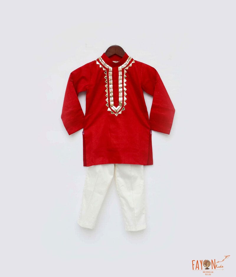 Red Cotton Silk Golden Embroidery Kurta with Off White Pant for Boys