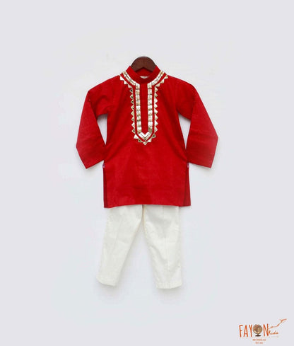 Red Cotton Silk Golden Embroidery Kurta with Off White Pant for Boys