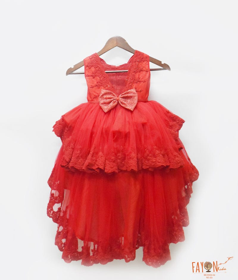 Fayon Kids Red Embroidery High Low Dress for Girls
