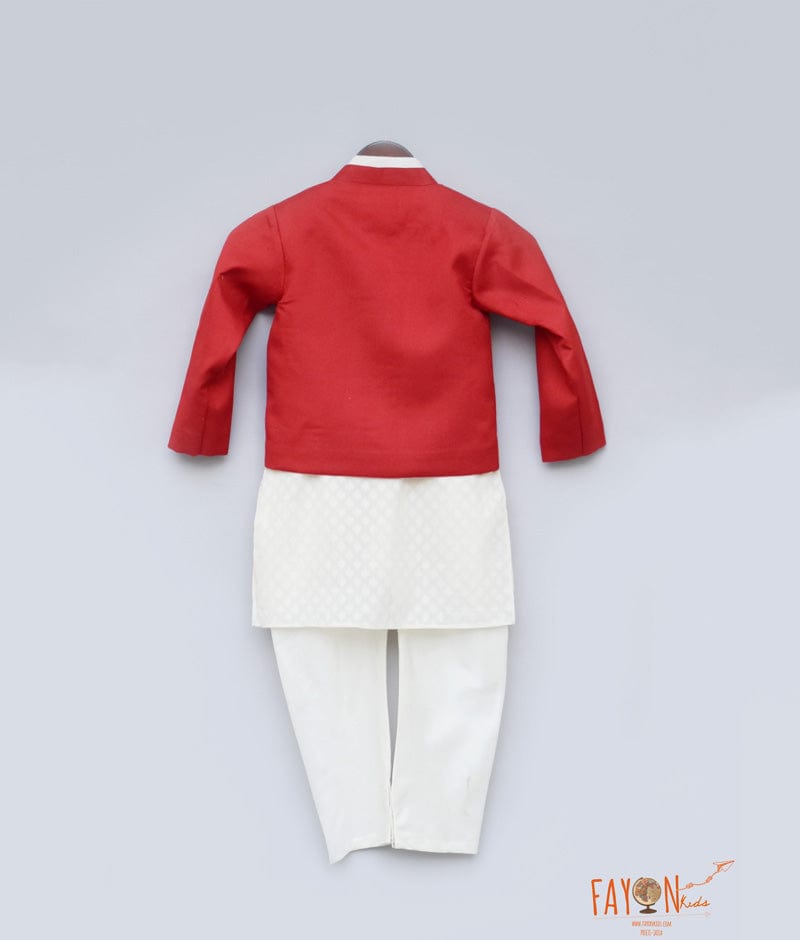 Red Embroidery Jacket with Off white Kurta Chudidar for Boys