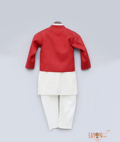 Red Embroidery Jacket with Off white Kurta Chudidar for Boys
