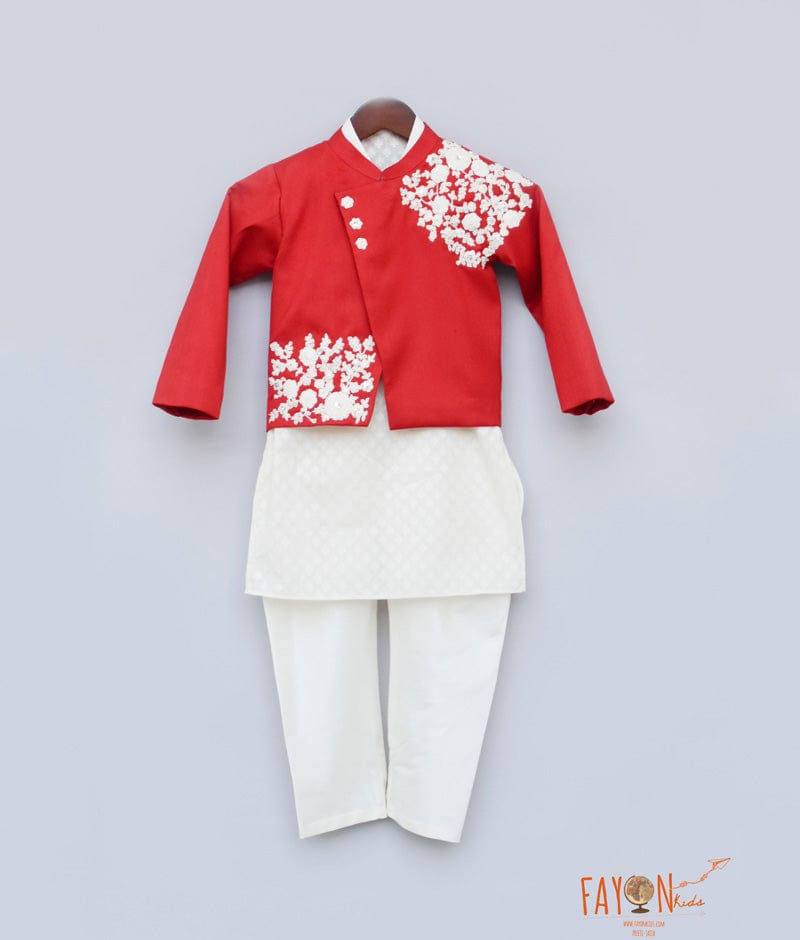 Fayon Kids Red Embroidery Jacket with Off white Kurta Chudidar for Boys