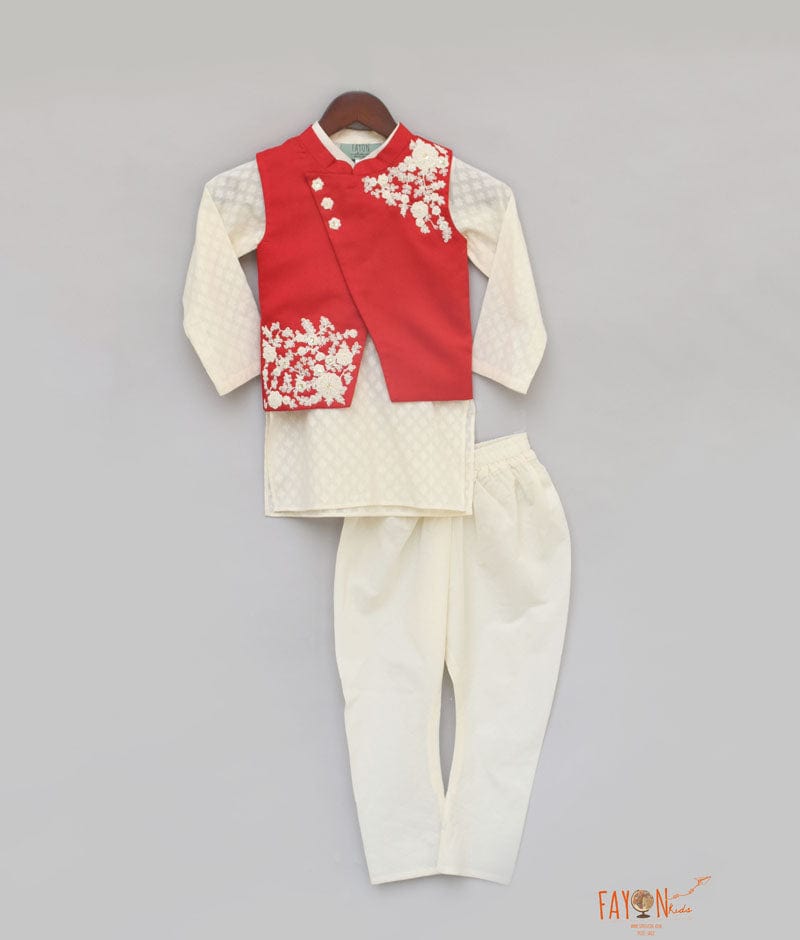 Fayon Kids Red Embroidery Nehru Jacket with Kurta Chudidar for Boys