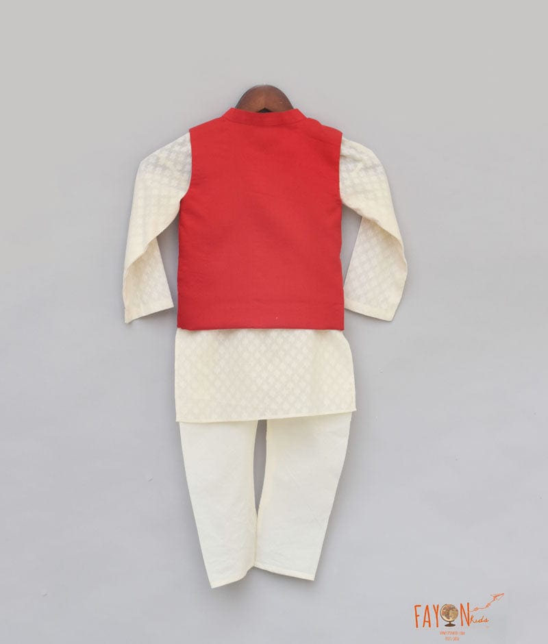 Red Embroidery Nehru Jacket with Kurta Chudidar for Boys