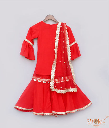 Fayon Kids Red Embroidery Red Georgette Sharara with Kurti Boti Net Dupatta for Girls