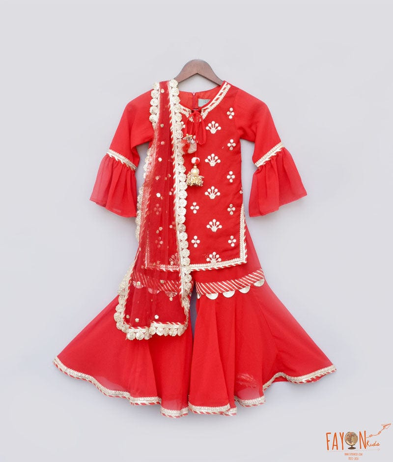Fayon Kids Red Embroidery Red Georgette Sharara with Kurti Boti Net Dupatta for Girls