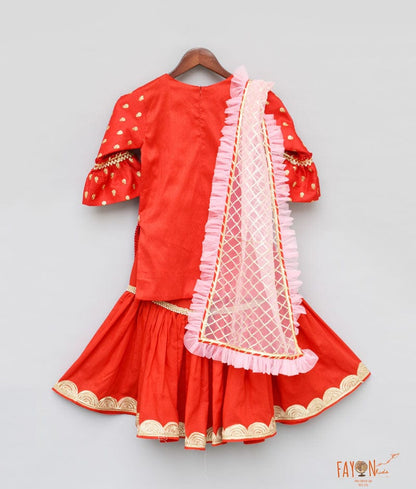 Fayon Kids Red Embroidery Red Georgette Sharara with Kurti Frill Dupatta for Girls