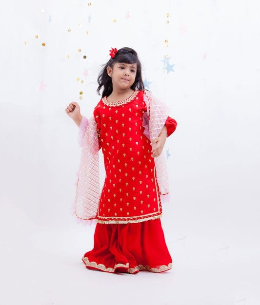 Fayon Kids Red Embroidery Red Georgette Sharara with Kurti Frill Dupatta for Girls