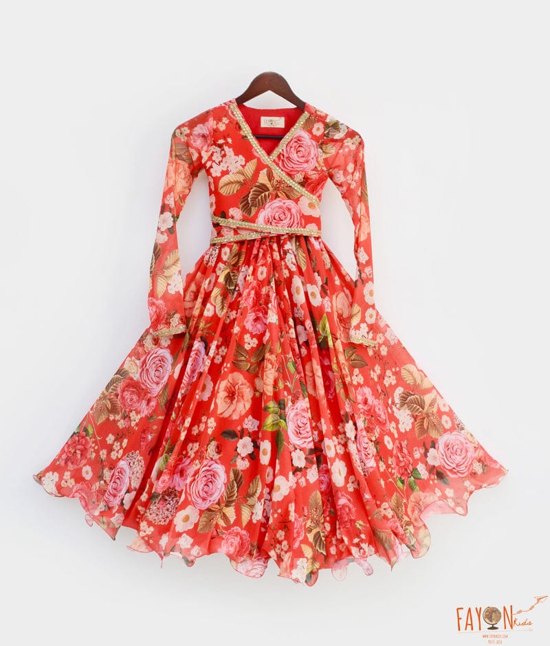 Red Floral Print Lehenga Choli for Girls